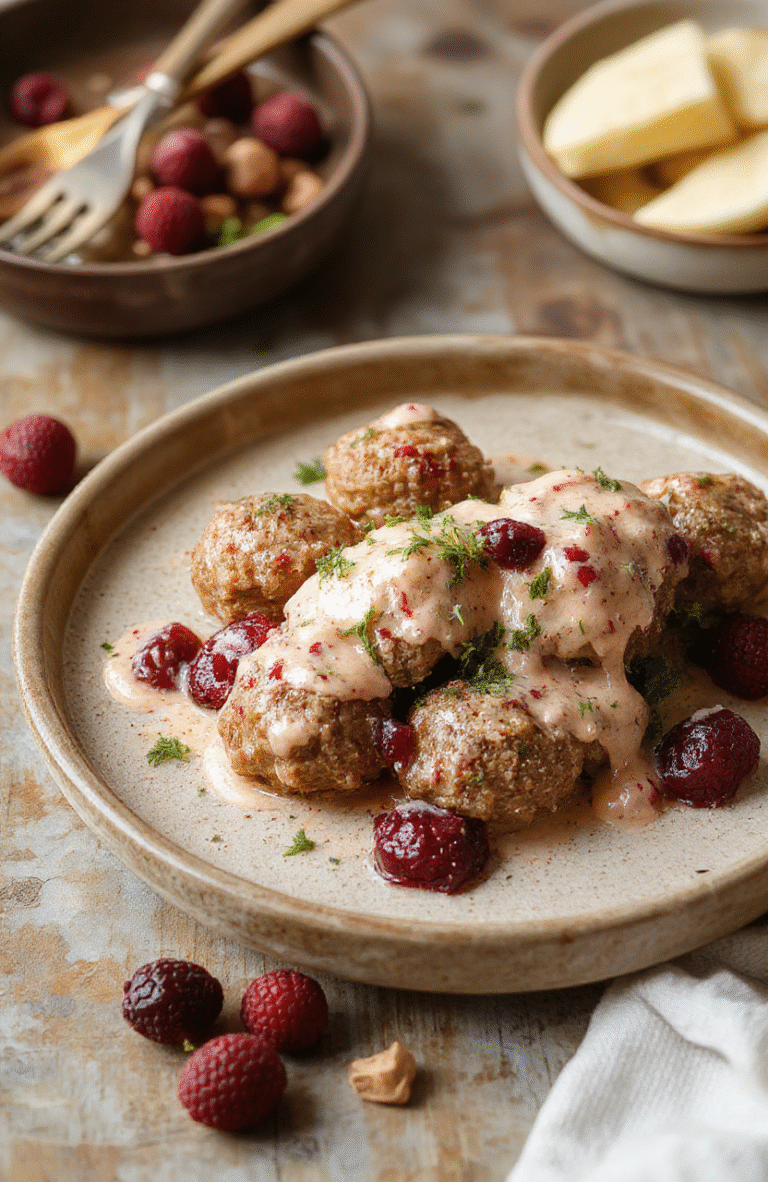 Golden-brown Swedish meatballs glistening in a rich, creamy sauce with a hint of pink lingonberry swirl, served atop a bed of buttery egg noodles in a rustic ceramic bowl, garnished with fresh parsley and a light dusting of paprika against a warm wooden tabletop with soft natural light and shallow depth of field.