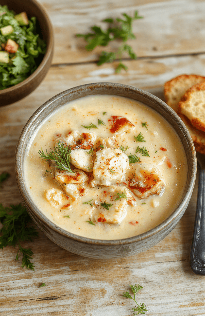 A steaming bowl of creamy Tuscan chicken soup sitting on a rustic wooden table, featuring tender chicken chunks, bright spinach leaves, sun-dried tomato halves, and creamy broth with hints of garlic and Parmesan; garnished with fresh parsley and a sprinkle of grated cheese, with soft natural lighting and shallow depth of field focusing on the rich, velvety texture.