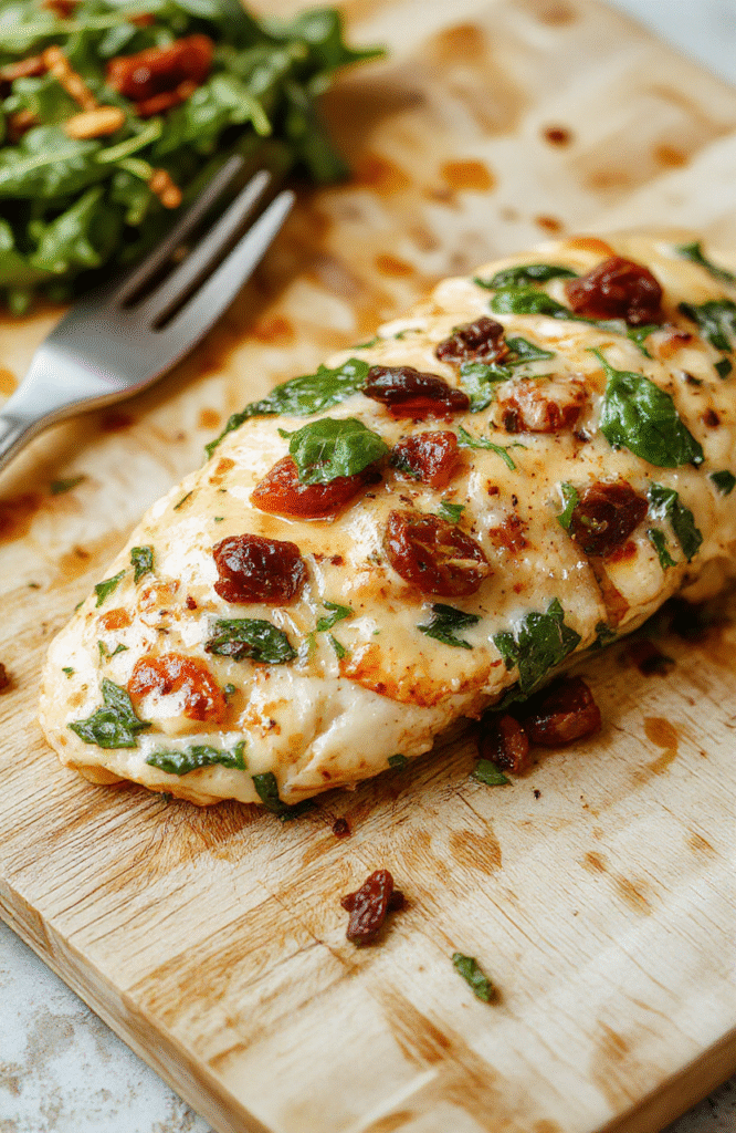 Golden-brown seared chicken breast slices nestled with wilted fresh spinach, plump sun-dried tomatoes, and creamy garlic-parmesan sauce in a rustic white ceramic bowl, garnished with chopped fresh basil and a sprinkle of grated parmesan, on a light oak wooden table with soft natural lighting and shallow depth of field.