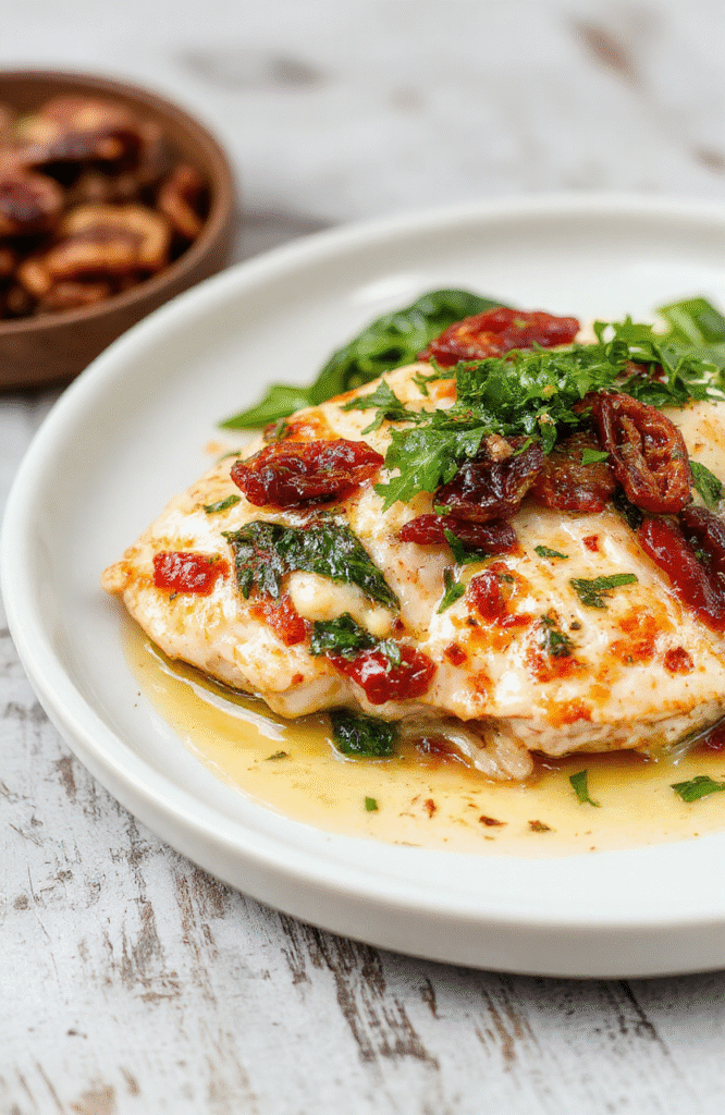 Golden-brown panicooked chicken breasts served in a creamy sauce with wilted spinach and vibrant sun-dried tomatoes, garnished with fresh parsley and grated parmesan, plated on a white ceramic plate with a rustic woodenfork beside it.