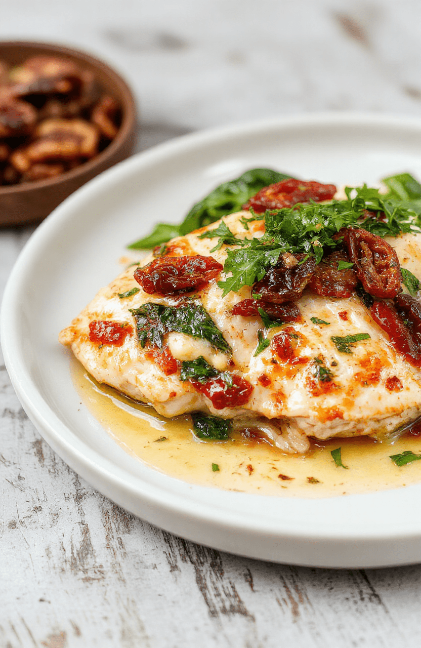 Golden-brown panicooked chicken breasts served in a creamy sauce with wilted spinach and vibrant sun-dried tomatoes, garnished with fresh parsley and grated parmesan, plated on a white ceramic plate with a rustic woodenfork beside it.