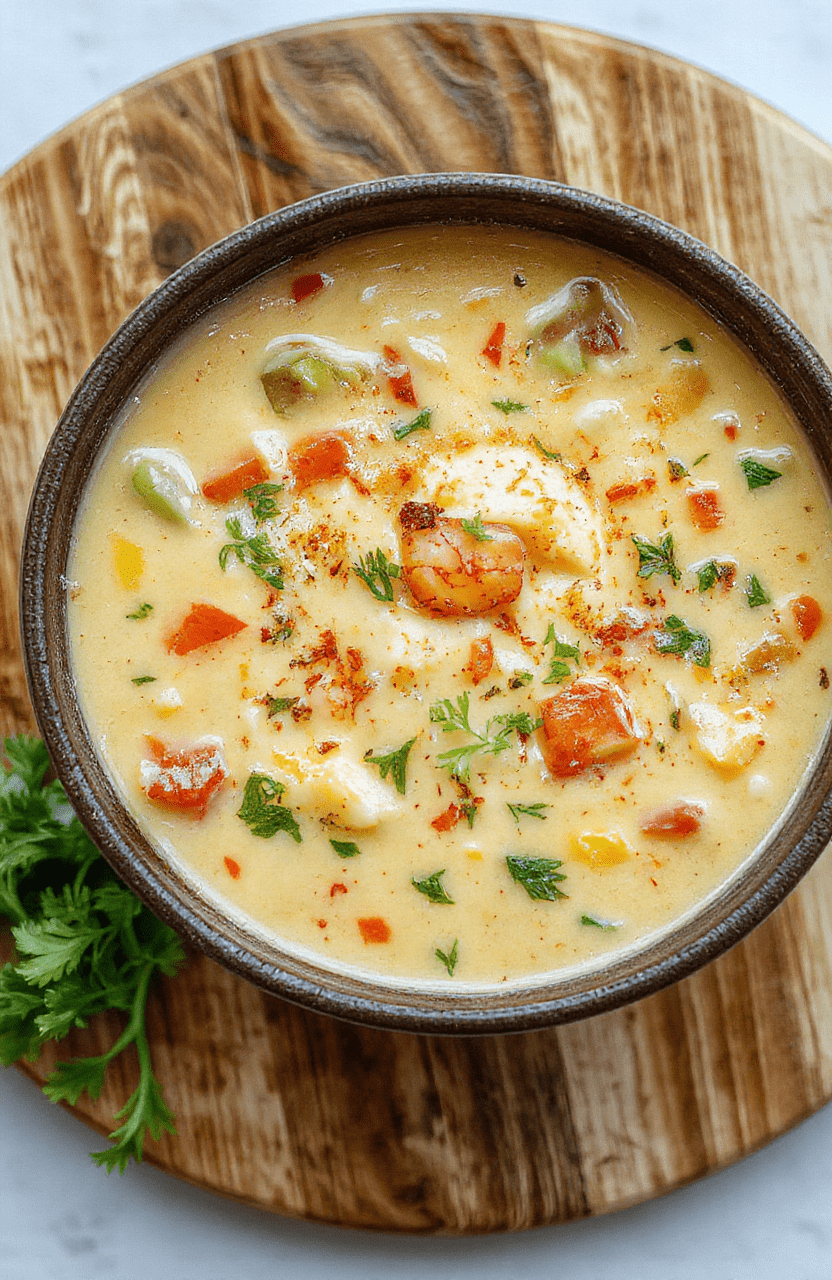 A rustic ceramic bowl filled with creamy vegetable soup, featuring tender carrots, celery, potatoes, and cauliflower in a velvety white sauce, garnished with fresh parsley and a drizzle of olive oil, served on a light wooden table with soft natural lighting and shallow depth of field.