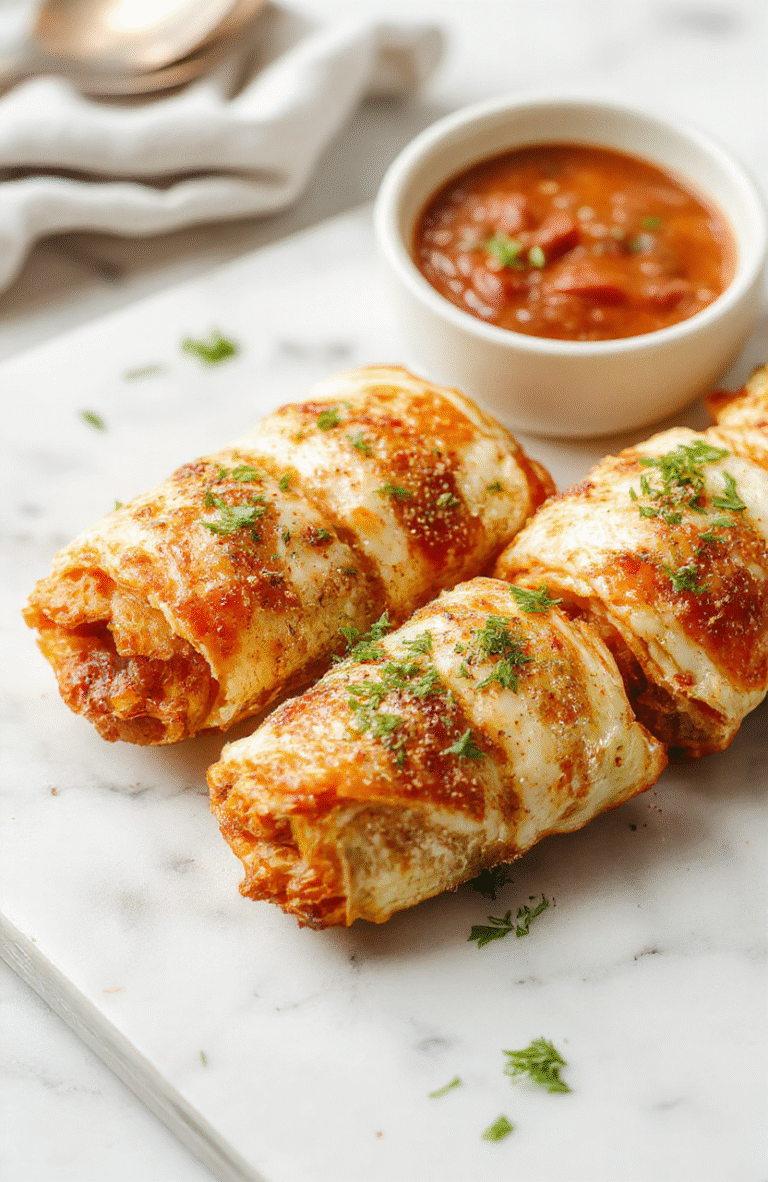 Golden-brown, slightly puffed air fryer pizza rolls arranged on a white ceramic plate, with melted cheese clinging to the edges, pepperoni accents, and a light dusting of dried oregano. Background is minimal white marble countertop with soft natural light casting gentle shadows.