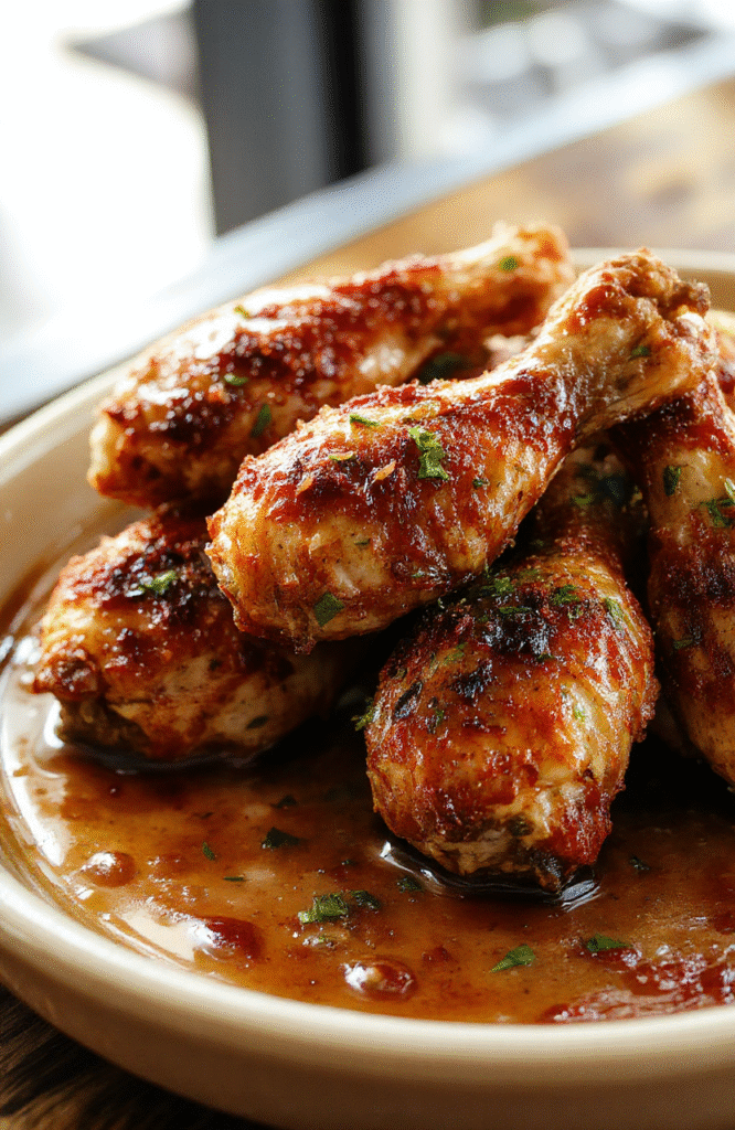 Golden-brown, crispy-skinned chicken legs on a white ceramic plate, with light smoke rising, drizzled with lemon juice and sprinkled with fresh parsley, served alongside roasted garlic cloves and cherry tomatoes on a rustic wooden board, natural daylight, shallow depth of field, soft shadows.