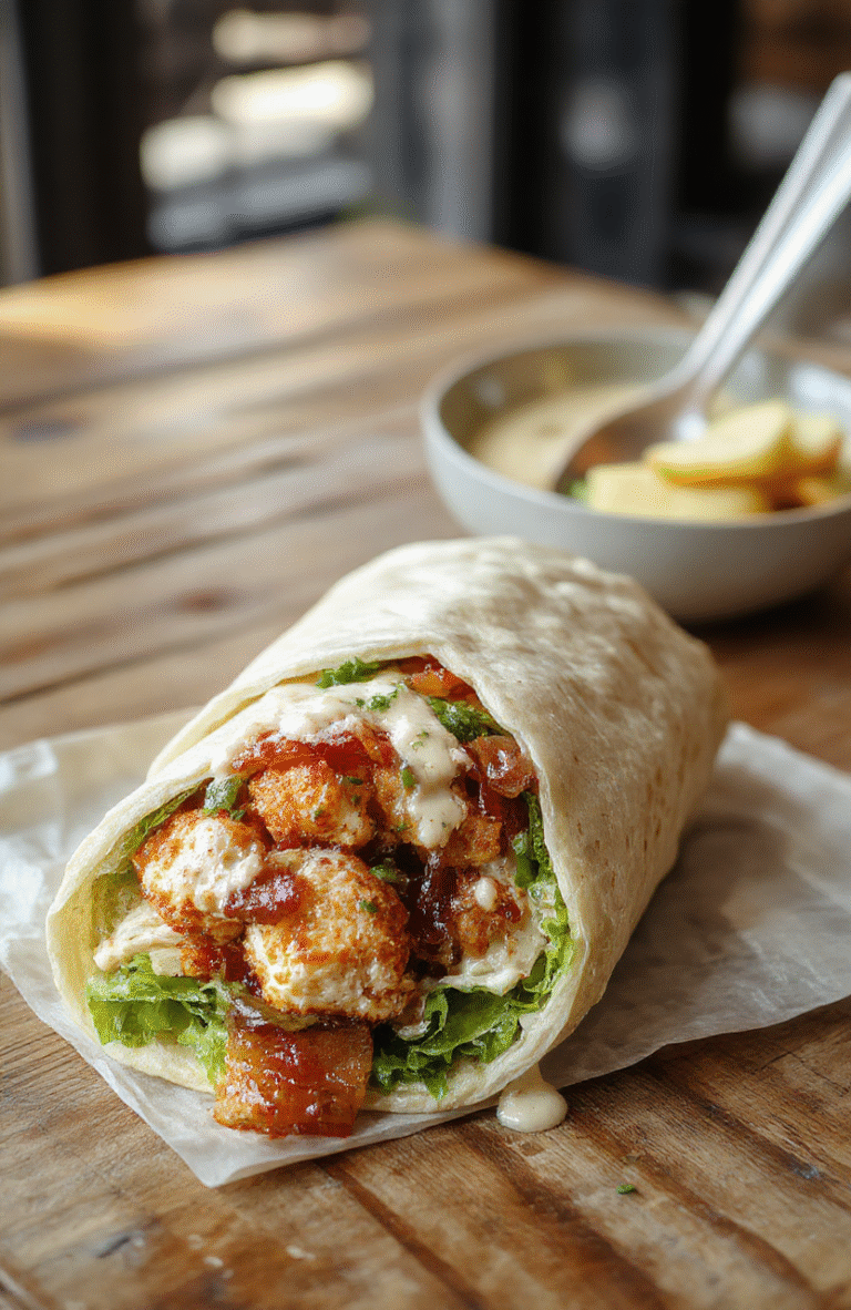 A Golden-brown crispy chicken wrap resting on a rustic wooden board, sliced open to reveal juicy grilled chicken strips, sizzling bacon bits, melted cheese, crisp lettuce, and creamy ranch sauce drizzle, with fresh dill and paprika sprigs for garnish