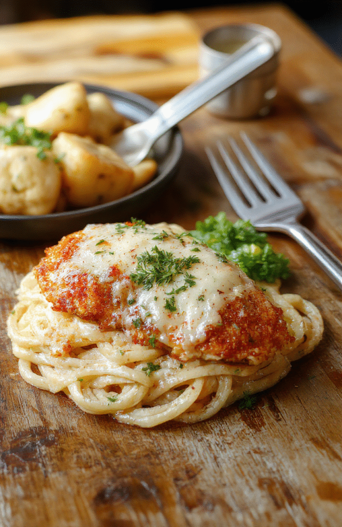 Golden-brown, crispy breaded chicken cutlet topped with melted mozzarella and marinara sauce, served over al dente spaghetti with fresh basil leaves and grated Parmesan, on a white ceramic plate with minimal styling.