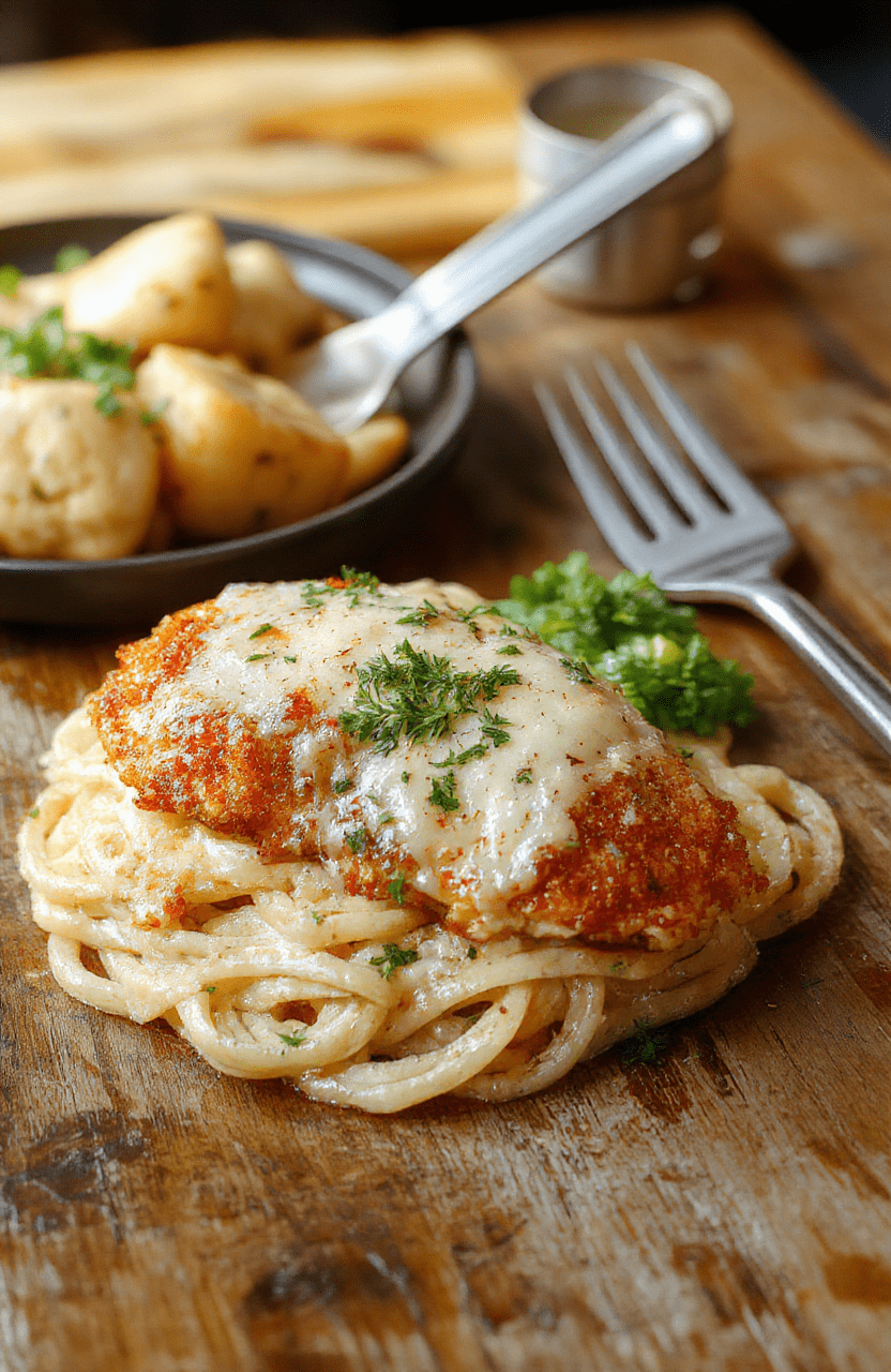 Golden-brown, crispy breaded chicken cutlet topped with melted mozzarella and marinara sauce, served over al dente spaghetti with fresh basil leaves and grated Parmesan, on a white ceramic plate with minimal styling.