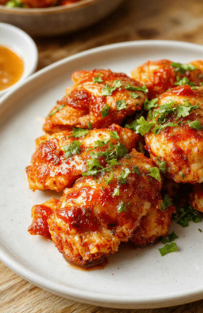 Golden-brown crispy orange chicken pieces glistening with glossy orange-glazed sauce, scattered with sesame seeds and sliced green onions, served in a white ceramic bowl with steamed jasmine rice on the side, fresh orange zest and chili flakes for color contrast, bright natural lighting, shallow depth of field