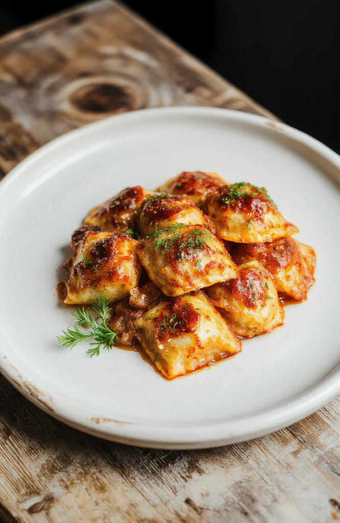 Golden-brown, uniformly crisp oven-baked ravioli arranged in a neat circle on a rustic white ceramic plate, dusted with parsley and Parmesan, served with marinara dipping sauce in a small bowl beside them, soft shadows, natural daylight background, no text or props