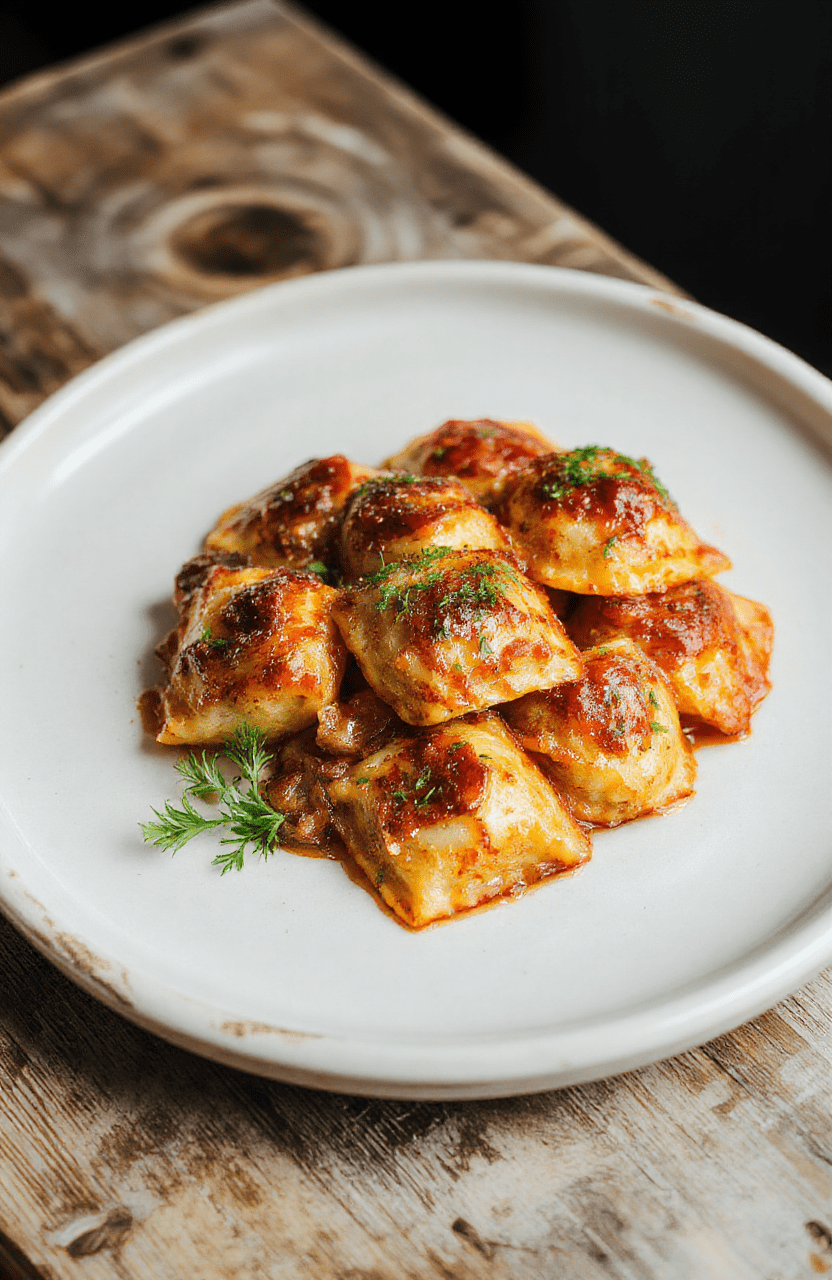 Golden-brown, uniformly crisp oven-baked ravioli arranged in a neat circle on a rustic white ceramic plate, dusted with parsley and Parmesan, served with marinara dipping sauce in a small bowl beside them, soft shadows, natural daylight background, no text or props