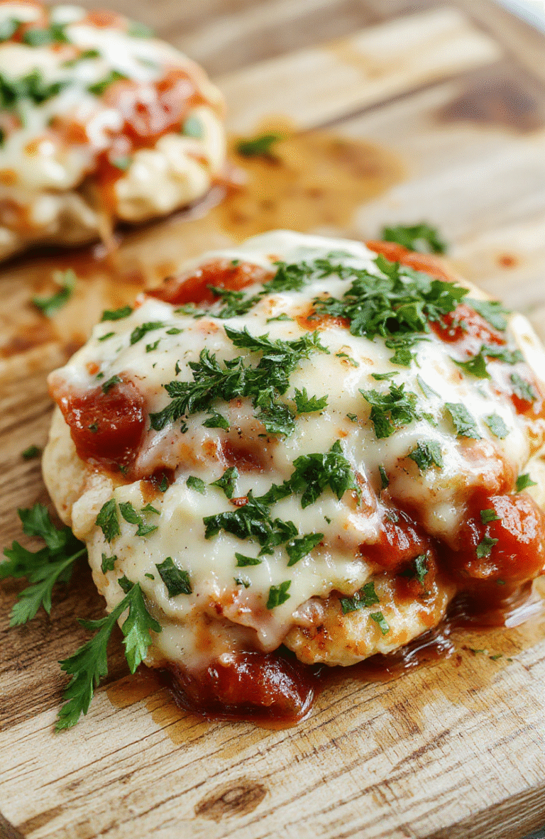A rustic ceramic dish containing tender, golden-brown chicken breasts topped with melted mozzarella and parmesan cheese, nestled over al dente pasta in a rich marinara sauce with fresh basil leaves and a drizzle of olive oil.