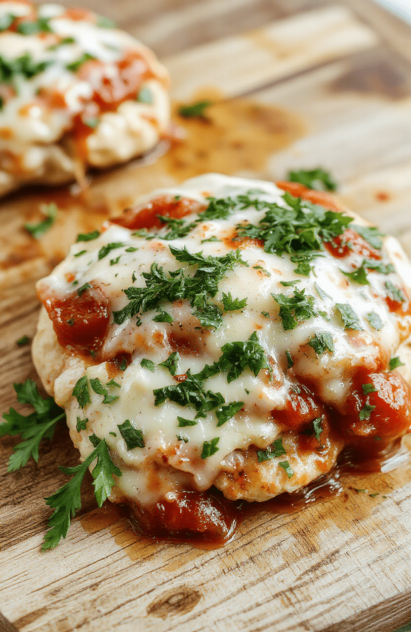 A rustic ceramic dish containing tender, golden-brown chicken breasts topped with melted mozzarella and parmesan cheese, nestled over al dente pasta in a rich marinara sauce with fresh basil leaves and a drizzle of olive oil.