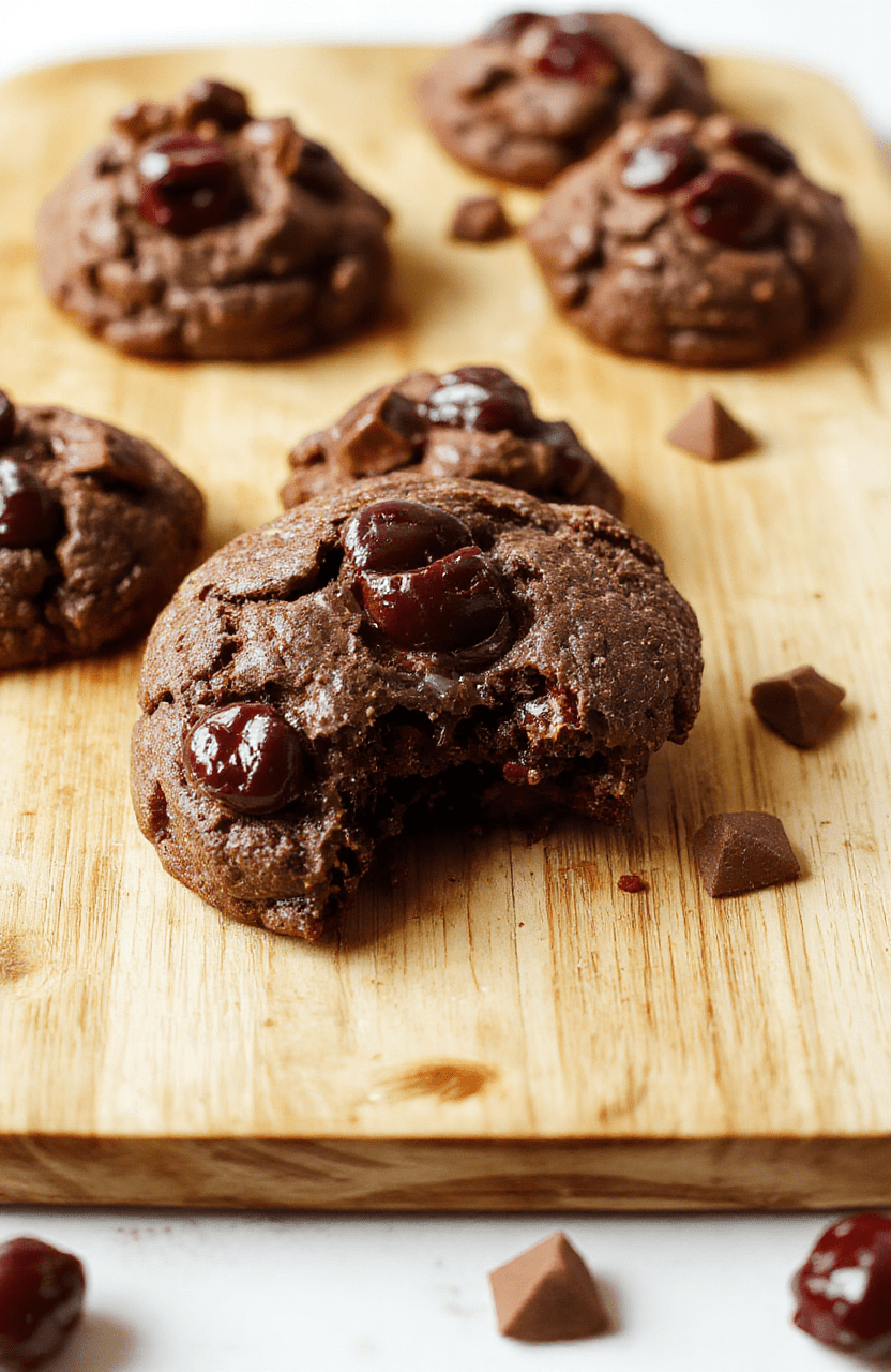 Close-up of fudgy chocolate cookies studded with plump dried cherries and dark chocolate chunks, slightly cracked tops, resting on a rustic wooden board with a dusting of powdered sugar, warm ambient lighting, soft shadows, and shallow depth of field.