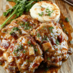 Juicy, golden-brown pork chops smothered in a rich, savory onion and gravy mixture, resting on a baked sheet pan alongside caramelized bell peppers and mushrooms, garnished with fresh parsley, viewed from a slight overhead angle with natural daylight and soft shadows.
