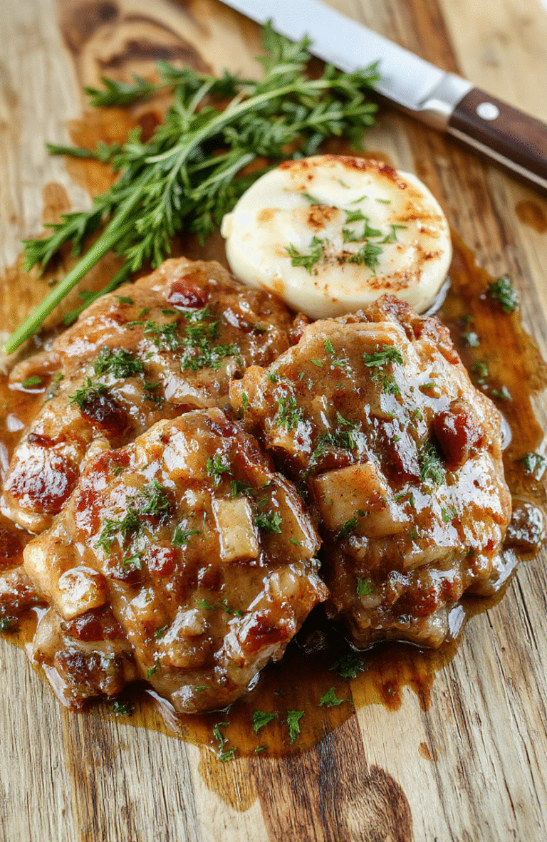 Juicy, golden-brown pork chops smothered in a rich, savory onion and gravy mixture, resting on a baked sheet pan alongside caramelized bell peppers and mushrooms, garnished with fresh parsley, viewed from a slight overhead angle with natural daylight and soft shadows.