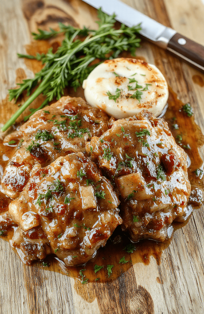 Juicy, golden-brown pork chops smothered in a rich, savory onion and gravy mixture, resting on a baked sheet pan alongside caramelized bell peppers and mushrooms, garnished with fresh parsley, viewed from a slight overhead angle with natural daylight and soft shadows.