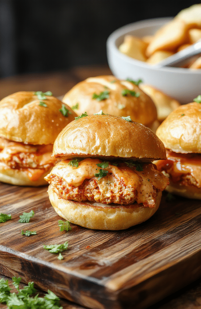 Three golden-brown mini slider buns filled with shredded buffalo chicken topped with blue cheese crumbles and pickled jalapeños, served on a wooden board with extra sauce drizzle and fresh cilantro, vibrant red-orange hues contrasted with white cheese and green garnish
