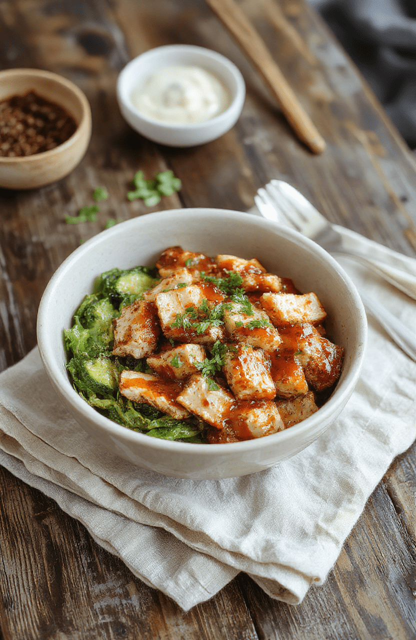 Golden-brown chicken pieces glazed with glossy teriyaki sauce, served over fluffy white rice with steamed broccoli and sliced green onions on a white ceramic bowl, garnished with sesame seeds, natural light, shallow depth of field, clean背景