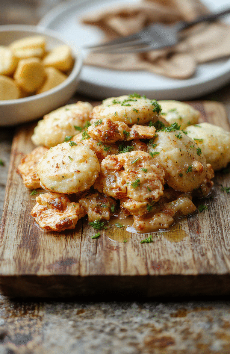 A rustic ceramic bowl filled with tender shredded chicken in a creamy white sauce, topped with fluffy, golden-brown dumplings. Beside it, a scattering of fresh parsley and a rustic wooden spoon rests on a light oak tabletop with soft natural lighting.