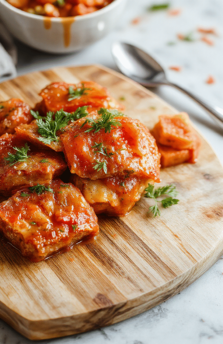A rustic ceramic bowl filled with vibrant red tomato soup, garnished with fresh basil leaves and a swirl of cream, resting on a wooden cutting board with a side of crusty artisan bread and a sprig of thyme, natural daylight with soft shadows.