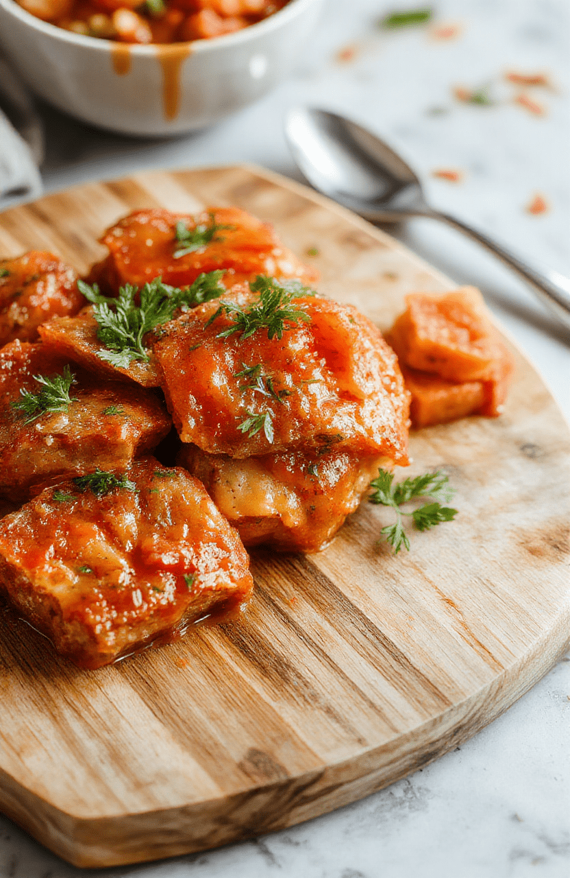 A rustic ceramic bowl filled with vibrant red tomato soup, garnished with fresh basil leaves and a swirl of cream, resting on a wooden cutting board with a side of crusty artisan bread and a sprig of thyme, natural daylight with soft shadows.