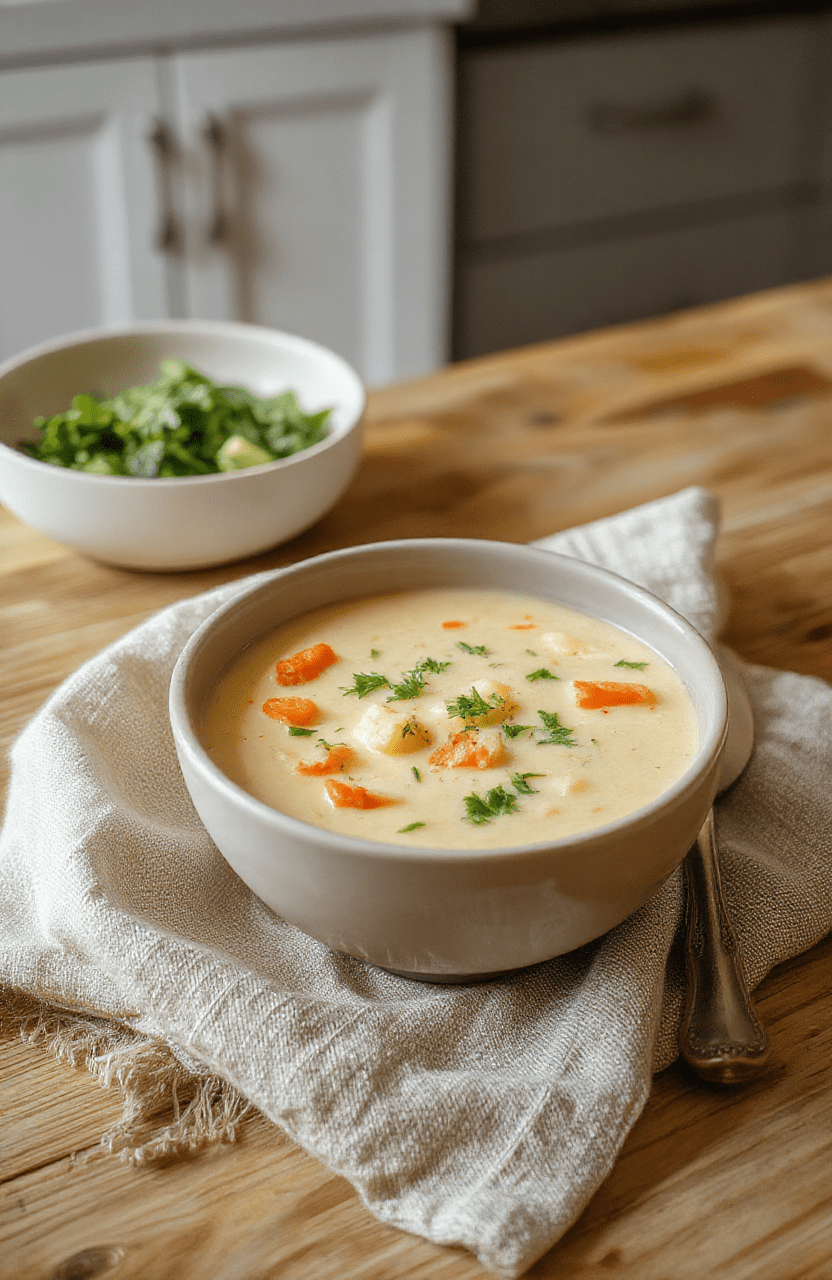 Creamy vegetable soup in a rustic white ceramic bowl, garnished with fresh parsley and cracked black pepper, steaming hot against a light wood tabletop with soft natural shadows and a shallow depth of field.