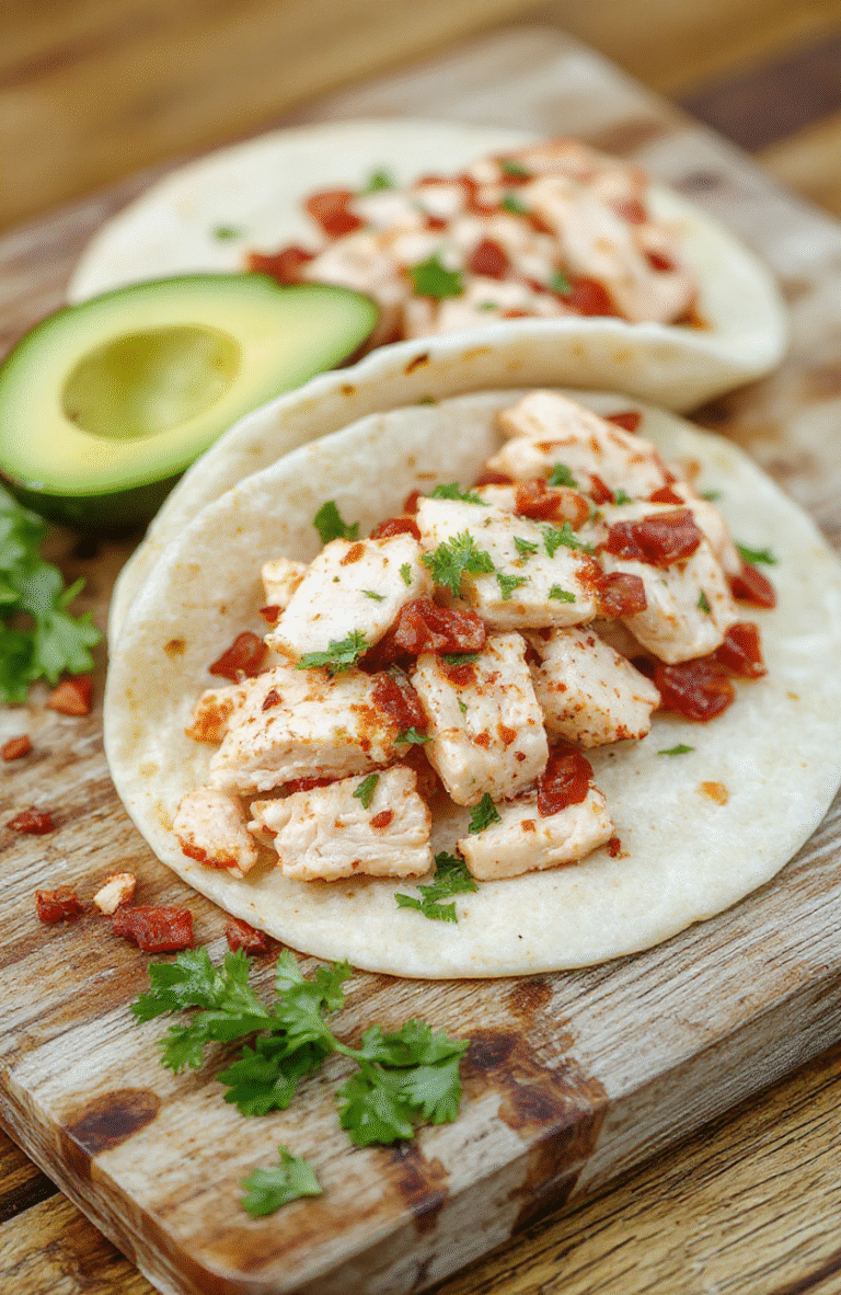A vibrant close-up of shredded grilled chicken tucked into warm软 corn tortillas, topped with fresh lime-dressed cabbage slaw, avocado slices, and a sprinkle of cilantro, on a rustic wooden board with a side of lime wedges and red onion
