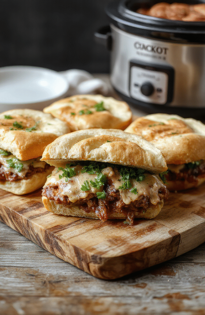 Juicy slow-cooked pot roast piled high on a toasted French roll, topped with melty provolone cheese and served with a small ramekin of rich au jus for dipping. Freshly chopped parsley sprinkled on top, rustic wooden board, warm natural lighting, shallow depth of field.