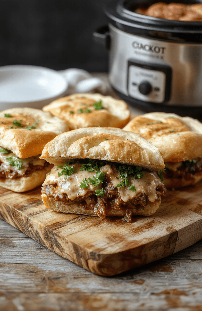 Juicy slow-cooked pot roast piled high on a toasted French roll, topped with melty provolone cheese and served with a small ramekin of rich au jus for dipping. Freshly chopped parsley sprinkled on top, rustic wooden board, warm natural lighting, shallow depth of field.