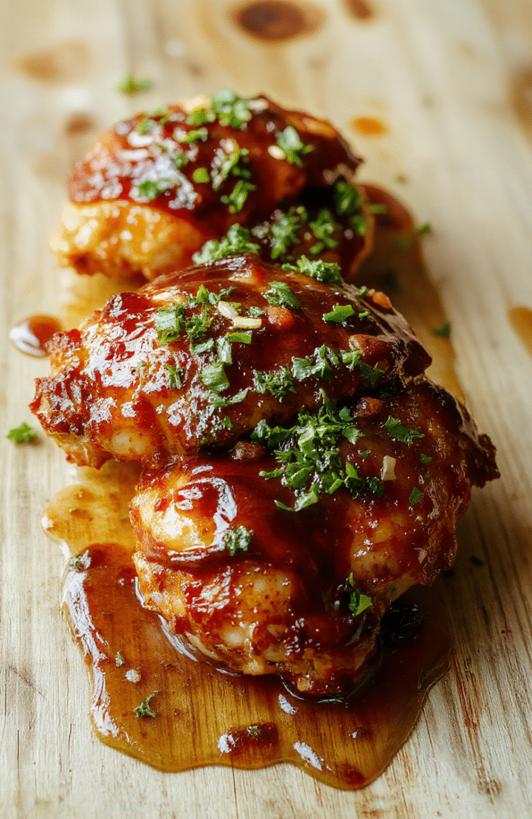Golden-brown crispy-skinned chicken thigh on a white ceramic plate, glistening with sticky hot honey glaze, drizzled with honey and topped with cracked black pepper and chopped parsley, rustic wooden board in background, soft natural light, shallow depth of field.