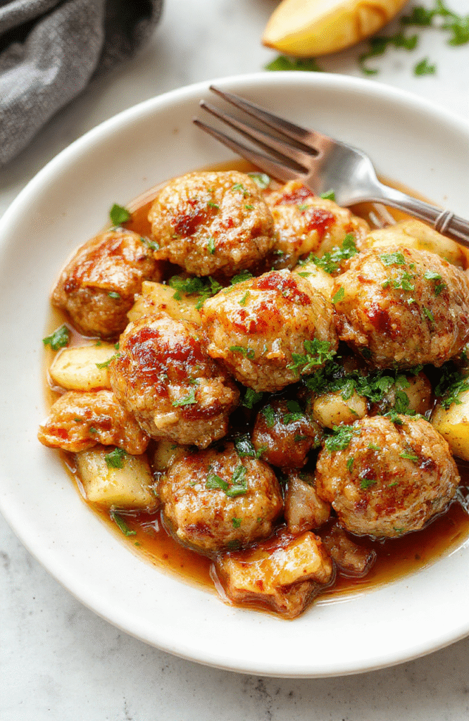 Juicy brown Mongolian meatballs glistening with savory-sweet glaze, arranged on a white ceramic plate beside steamed jasmine rice and roasted broccoli florets, with sesame seeds and sliced green onions scattered on top, natural daylight, shallow depth of field, soft shadows