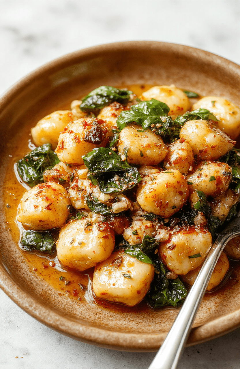 Golden-brown gnocchi tossed with wilted fresh spinach, minced garlic, and a drizzle of olive oil in a cast iron skillet, garnished with grated Parmesan and chopped parsley against a rustic wooden board.