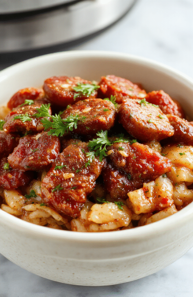 A rustic ceramic bowl filled with tender brown rice, savory browned Italian sausage slices, caramelized onions, and pops of green from fresh parsley, all glistening in a light garlic-infused oil sauce, garnished with cracked black pepper and a sprinkle of red pepper flakes.