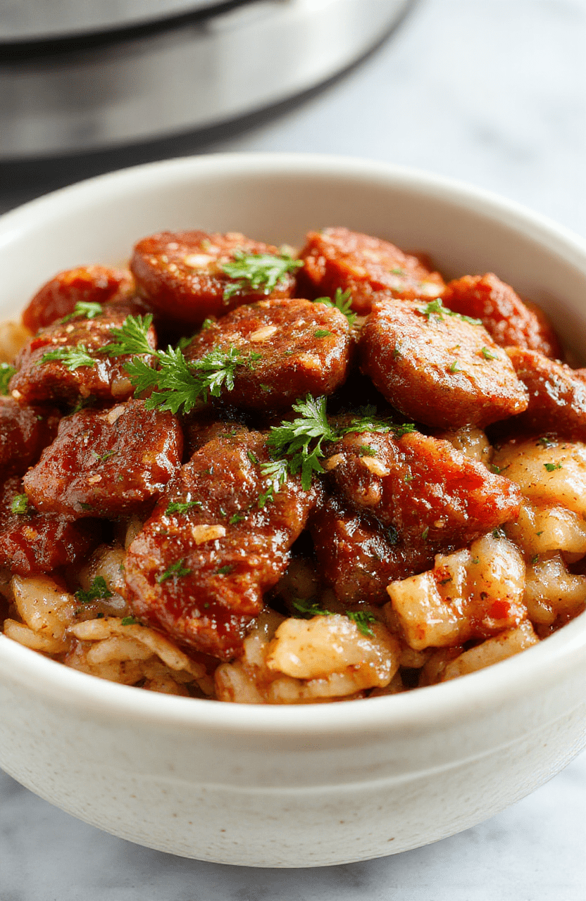 A rustic ceramic bowl filled with tender brown rice, savory browned Italian sausage slices, caramelized onions, and pops of green from fresh parsley, all glistening in a light garlic-infused oil sauce, garnished with cracked black pepper and a sprinkle of red pepper flakes.