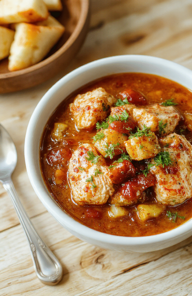 Heaping bowl of rich chicken stew with tender chicken, carrots, potatoes, and peas in a creamy golden broth, garnished with fresh parsley and served on a rustic wooden table with soft natural lighting.