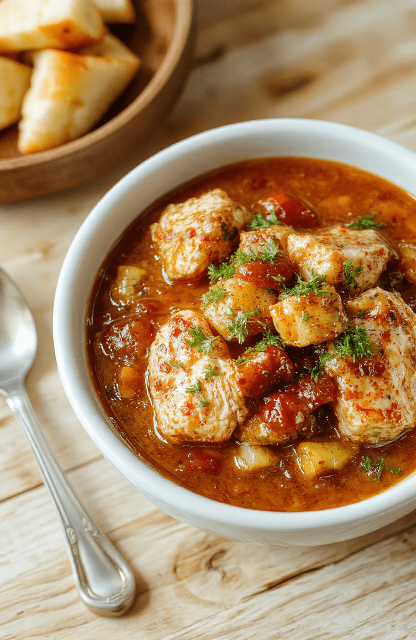 Heaping bowl of rich chicken stew with tender chicken, carrots, potatoes, and peas in a creamy golden broth, garnished with fresh parsley and served on a rustic wooden table with soft natural lighting.
