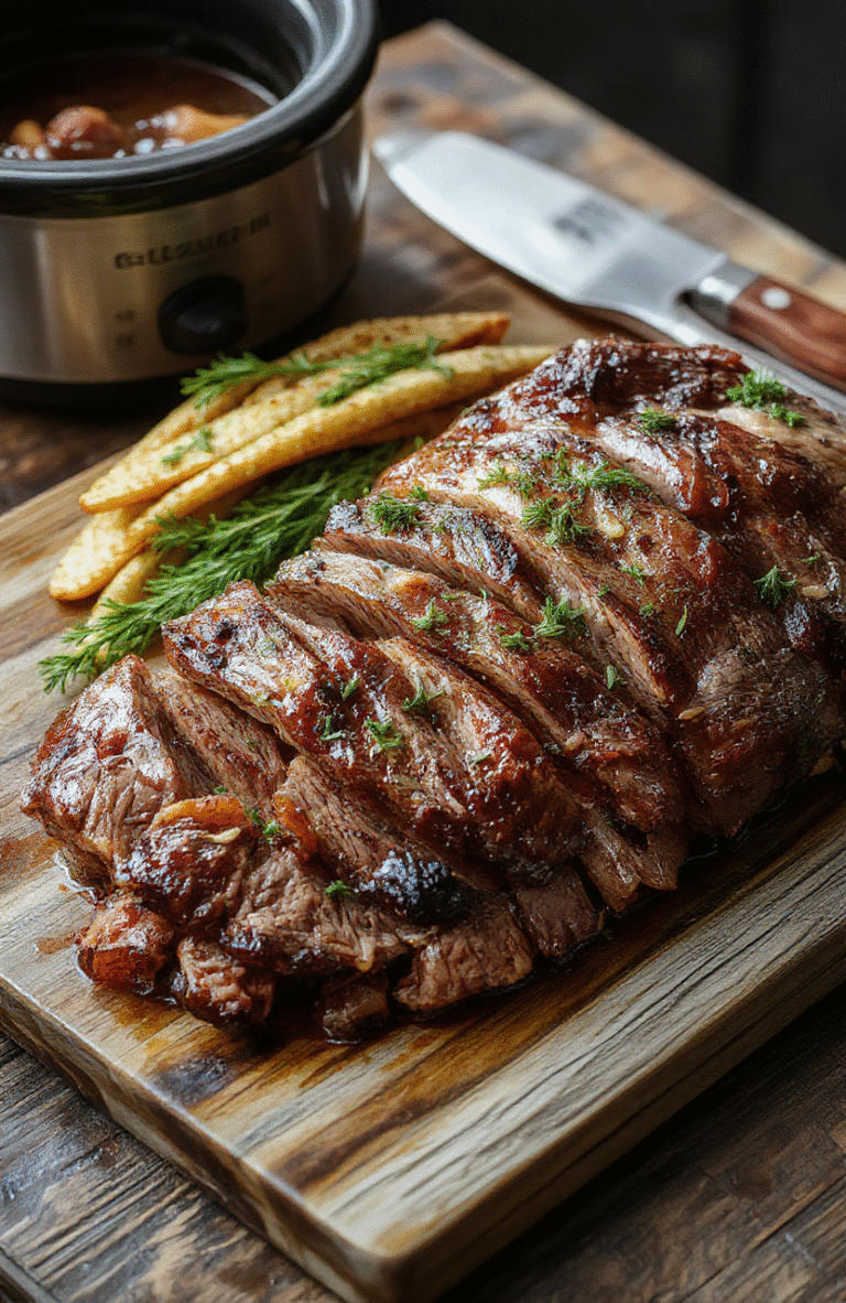 A rustic aluminum foil-wrapped beef roast resting on a wooden cutting board, surrounded by golden-brown baby potatoes, halved white potatoes, sliced carrots, and yellow onions, all glistening with savory pan juices in a soft-focus, natural daylight setting with shallow depth of field