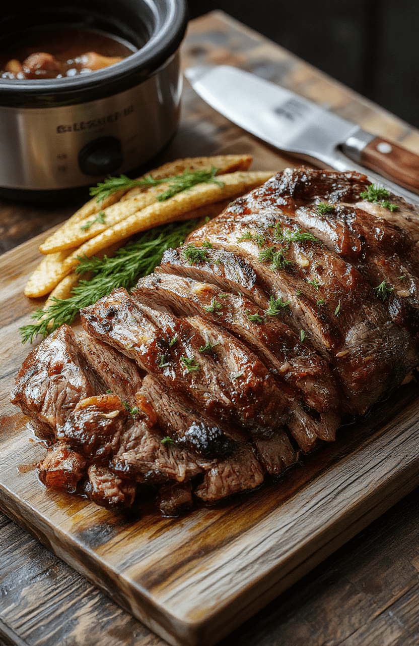 A rustic aluminum foil-wrapped beef roast resting on a wooden cutting board, surrounded by golden-brown baby potatoes, halved white potatoes, sliced carrots, and yellow onions, all glistening with savory pan juices in a soft-focus, natural daylight setting with shallow depth of field