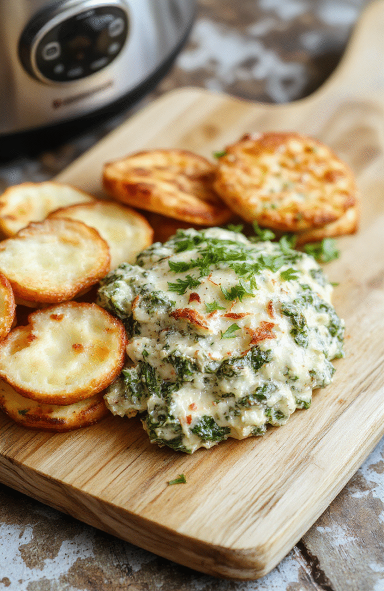 Creamy spinach artichoke dip served warm in a rustic ceramic crock with melted golden cheese on top, garnished with fresh parsley and chives, surrounded by toasted pita triangles and tortilla chips for dipping, on a light wood surface with soft natural light
