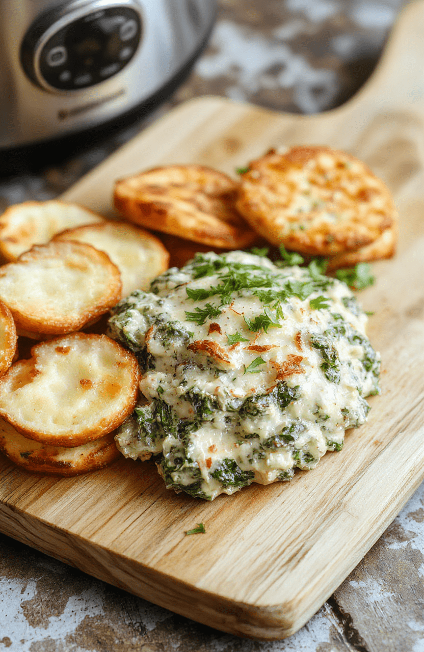 Creamy spinach artichoke dip served warm in a rustic ceramic crock with melted golden cheese on top, garnished with fresh parsley and chives, surrounded by toasted pita triangles and tortilla chips for dipping, on a light wood surface with soft natural light