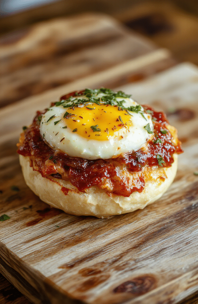 A golden-brown custard-style egg sandwich with soft, fluffy texture,层层 stacked on a rustic wooden cutting board, garnished with sesame seeds and fresh parsley, sliced diagonally to show creamy interior, natural daylight, minimalist plating.