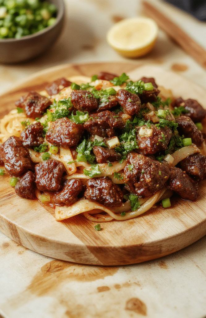 Golden-brown beef tips nestled in a rich brown gravy, served over wide egg noodles in a rustic ceramic bowl, garnished with fresh parsley, steam rising gently, on a warm wooden table with soft natural lighting and shallow depth of field.