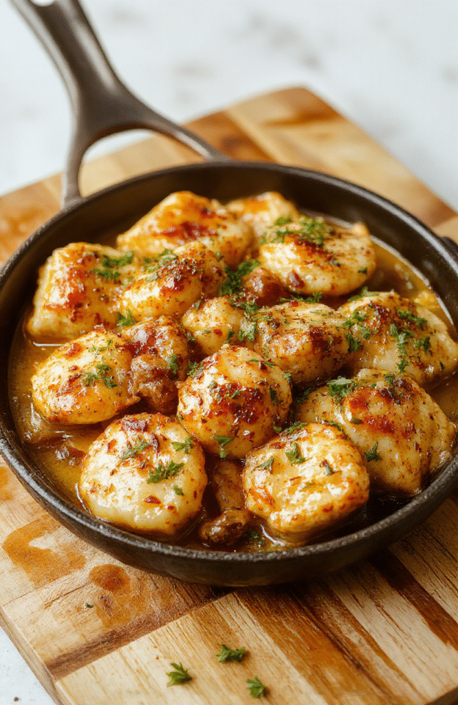 A golden-brown garlic chicken gnocchi skillet served in a cast iron pan, with crispy golden gnocchi, tender sliced chicken breast, sautéed spinach, garlic cloves, and a light parsley garnish, all drizzled with golden garlic butter and a hint of parmesan shavings on top.
