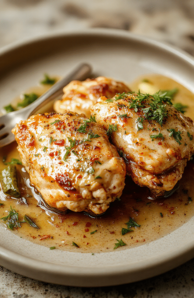 Golden-brown seared chicken thighs glistening with rich garlic butter sauce, garnished with fresh parsley and serving alongside charred lemon wedges and roasted garlic cloves on a rustic ceramic plate, backdrop of a rustic wooden table with soft natural light.