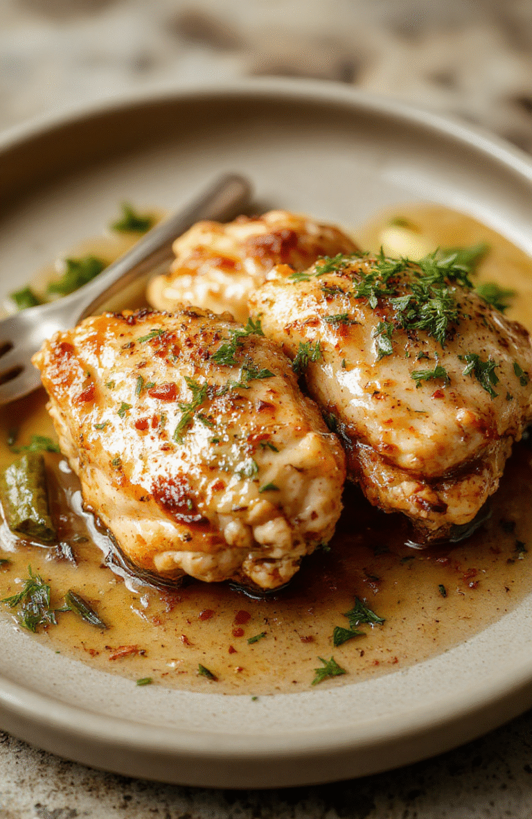 Golden-brown seared chicken thighs glistening with rich garlic butter sauce, garnished with fresh parsley and serving alongside charred lemon wedges and roasted garlic cloves on a rustic ceramic plate, backdrop of a rustic wooden table with soft natural light.