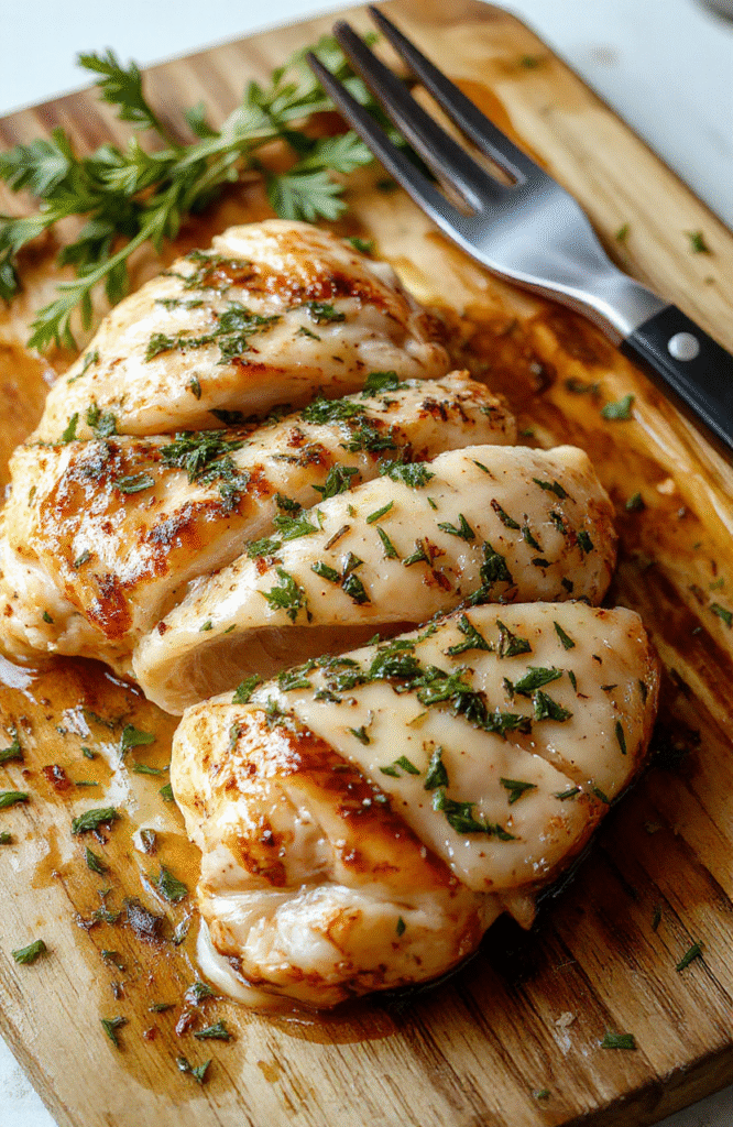 Pan-seared tender chicken breasts coated in golden-brown garlic butter sauce, garnished with fresh parsley and thyme, resting on a rustic wooden board with roasted garlic cloves and lemon wedges, soft shadows, natural daylight, shallow depth of field.