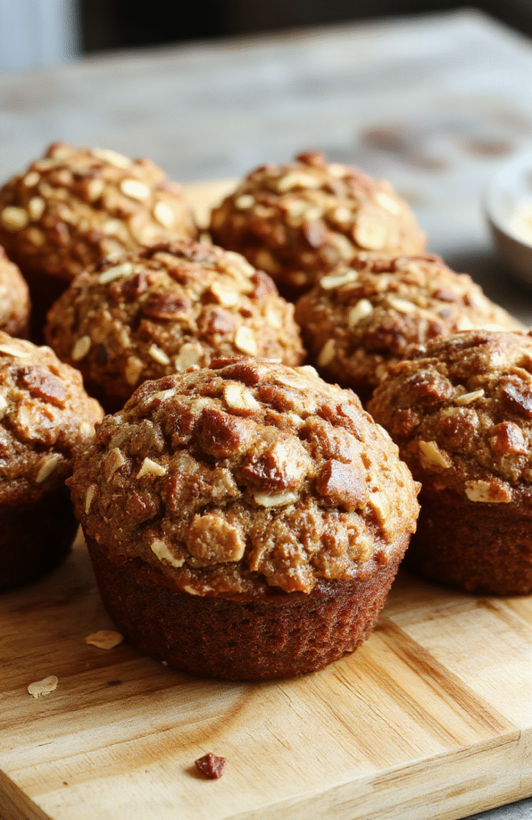 Two golden-brown banana oatmeal muffins with slightly domed tops and visible banana chunks and oat bits, placed on a rustic wooden cutting board with a dusting of powdered sugar around the base. Natural daylight highlights the Moist, tender crumb and subtle caramelized edges. A fresh banana slice rests beside one muffin.