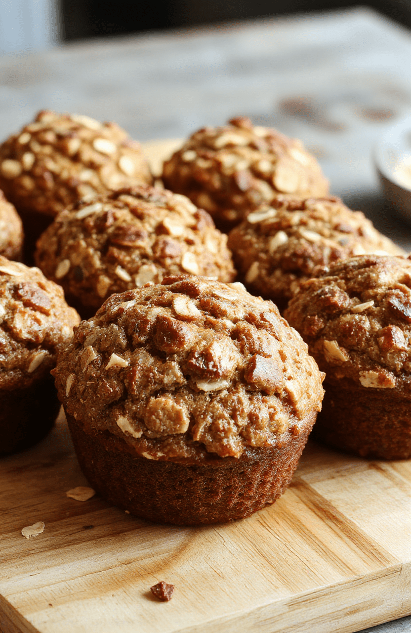 Two golden-brown banana oatmeal muffins with slightly domed tops and visible banana chunks and oat bits, placed on a rustic wooden cutting board with a dusting of powdered sugar around the base. Natural daylight highlights the Moist, tender crumb and subtle caramelized edges. A fresh banana slice rests beside one muffin.