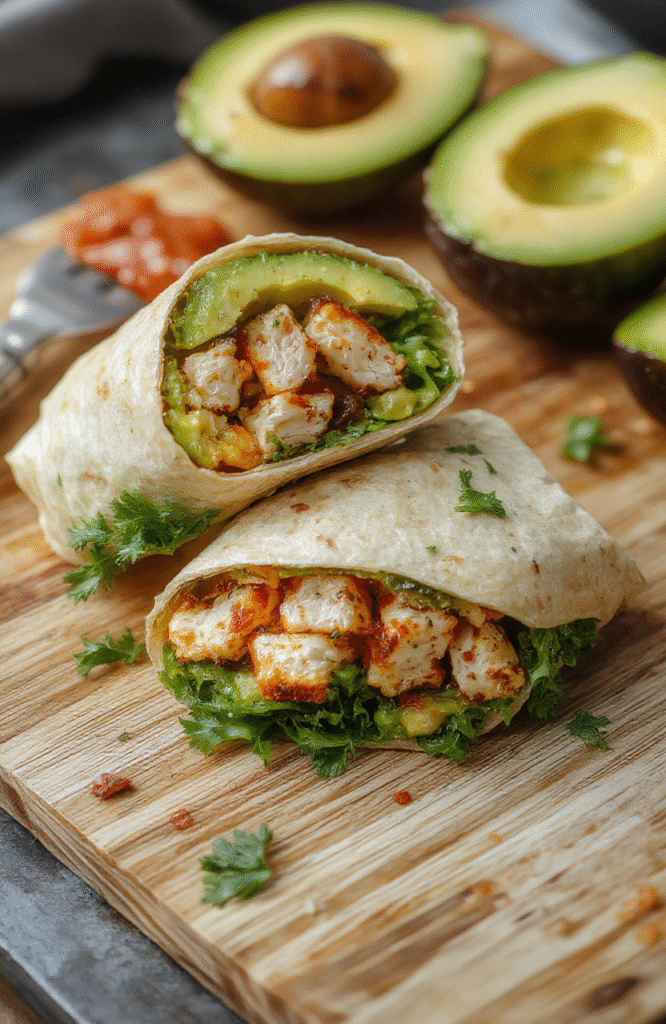 Fresh healthy chicken avocado wrap cut diagonally on a rustic wooden board, showing layers of grilled chicken breast, creamy sliced avocado, crisp lettuce, and shredded carrots inside a whole wheat tortilla, with a drizzle of lime crema, garnished with microgreens andlime wedge, natural sunlight.