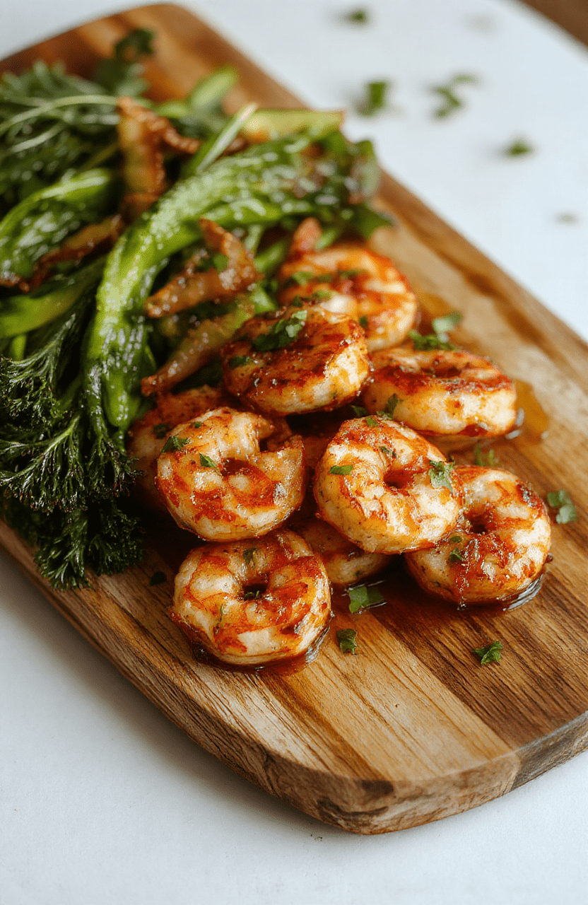 Plump, pink shrimp glistening with glossy golden-brown honey garlic glaze, nestled on a simple white ceramic plate beside lightly charred lemon wedges and a sprinkle of fresh flat-leaf parsley; background is a rustic wood cutting board with subtle grain texture, soft natural light from window highlights caramelized edges and glistening sauce.